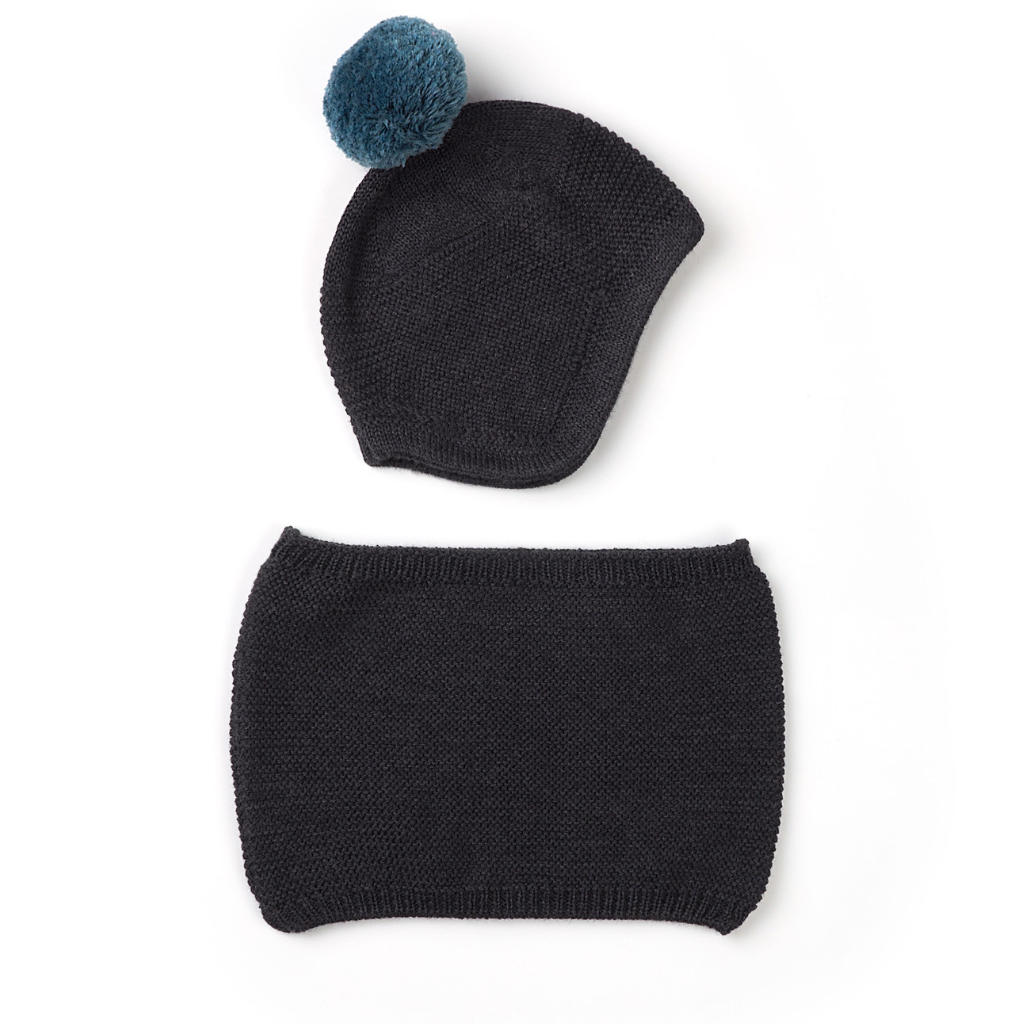 Merino Wool Hat and Scarf Set in Anthracite with Blue Pom-Pom