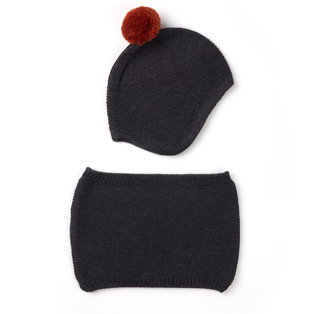 Merino Wool Hat and Scarf Set in Anthracite with Orange Pom-Pom