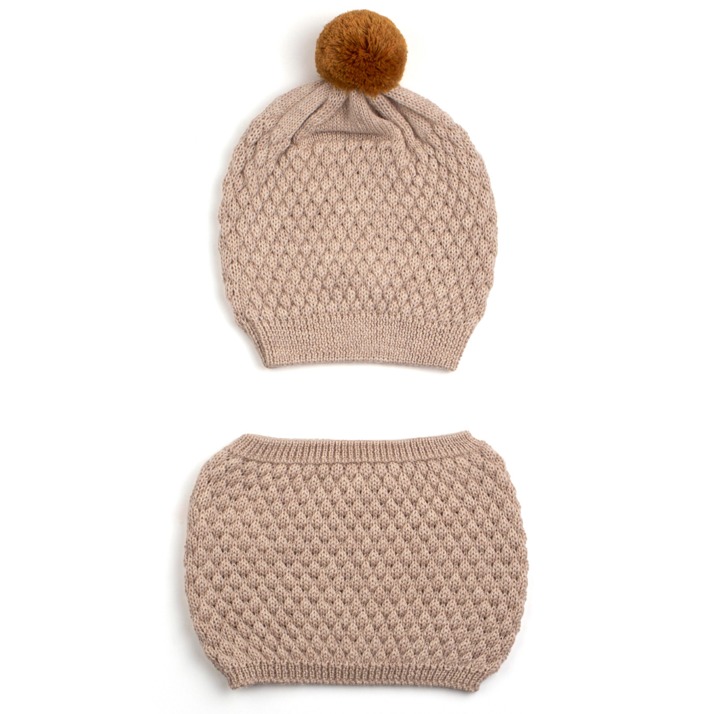 Merino Wool Modern Hat & Scarf Set for Babies and Kids beige color