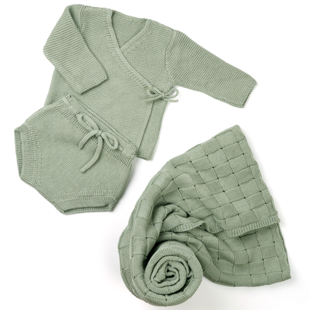 green Cardigan, Bloomers, and Baby Blanket Set