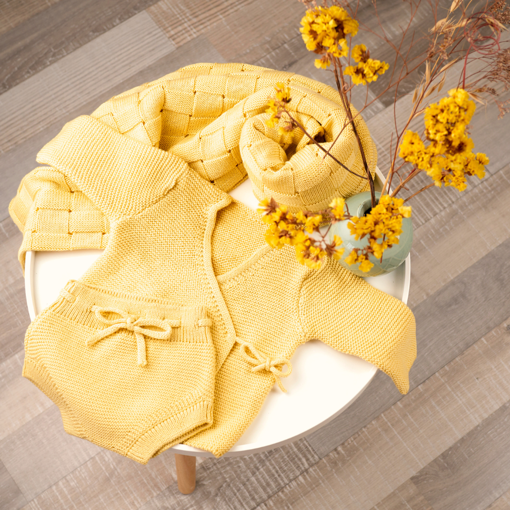 yellow Cardigan, Bloomers, and Baby Blanket Set