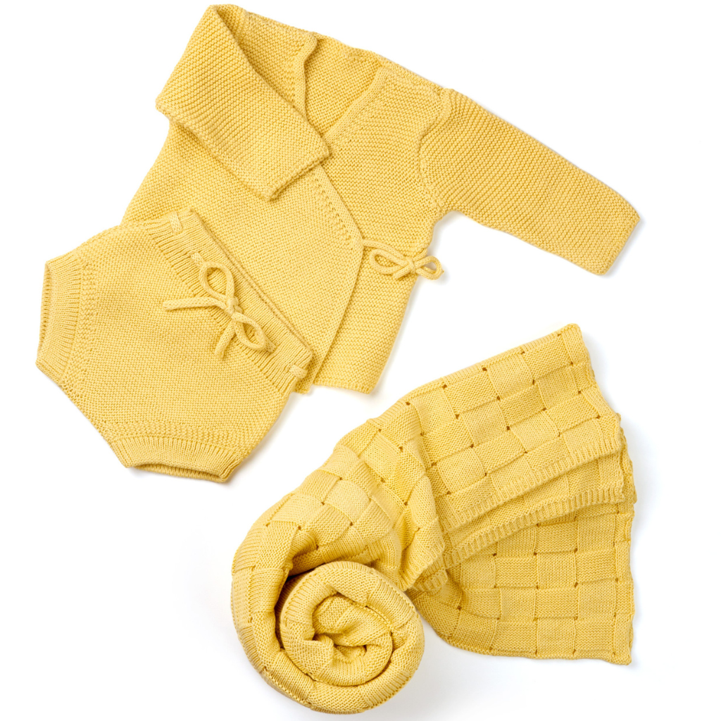 yellow Cardigan, Bloomers, and Baby Blanket Set