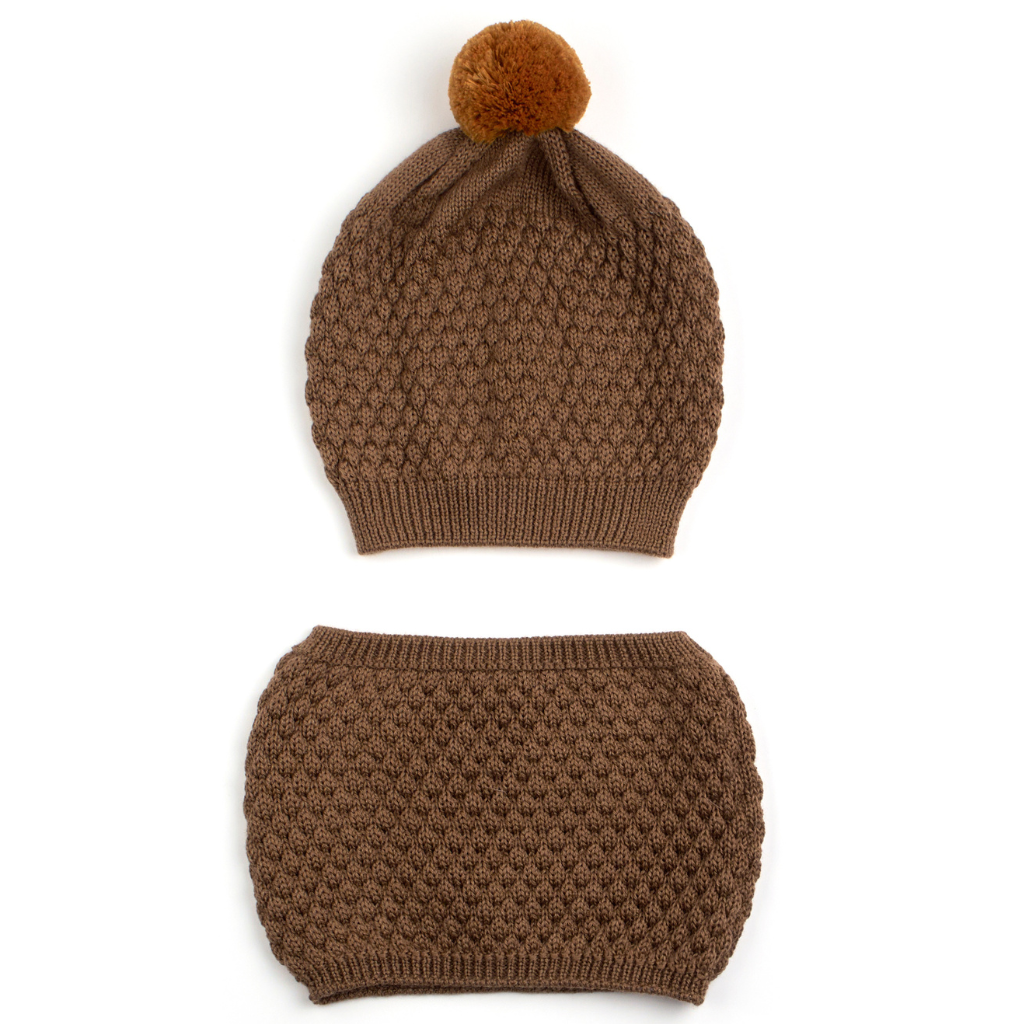 Merino Wool Modern Hat & Scarf Set for Babies and Kids dark brown color