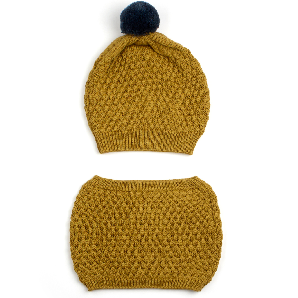 Merino Wool Modern Hat & Scarf Set for Babies and Kids mustard color