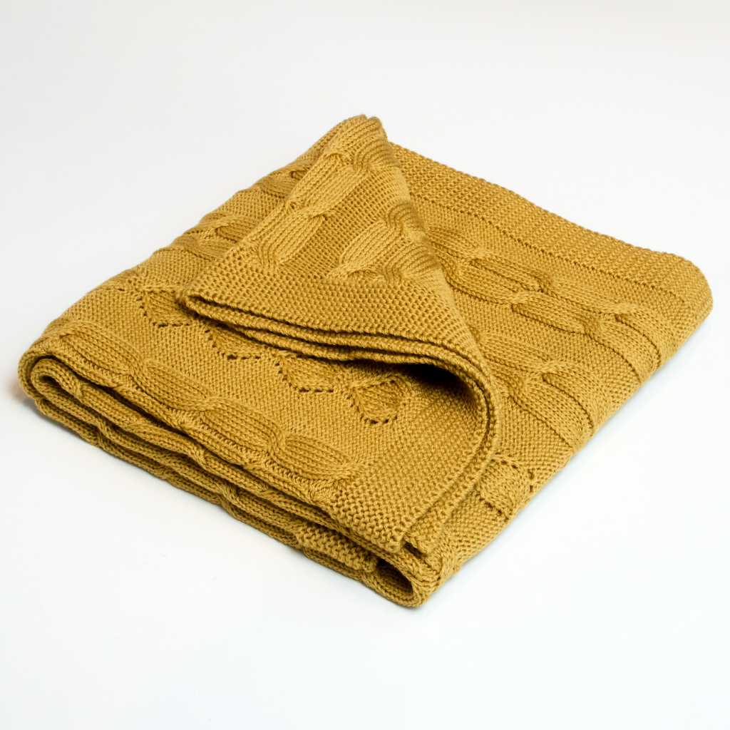 Merino Wool Cable Knit Baby Blanket mustard color